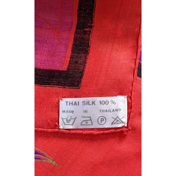 100% Thai Silk Square Scarf Red Tulips Floral Handvowen Handrolled 36*36" - Picture 6 of 10